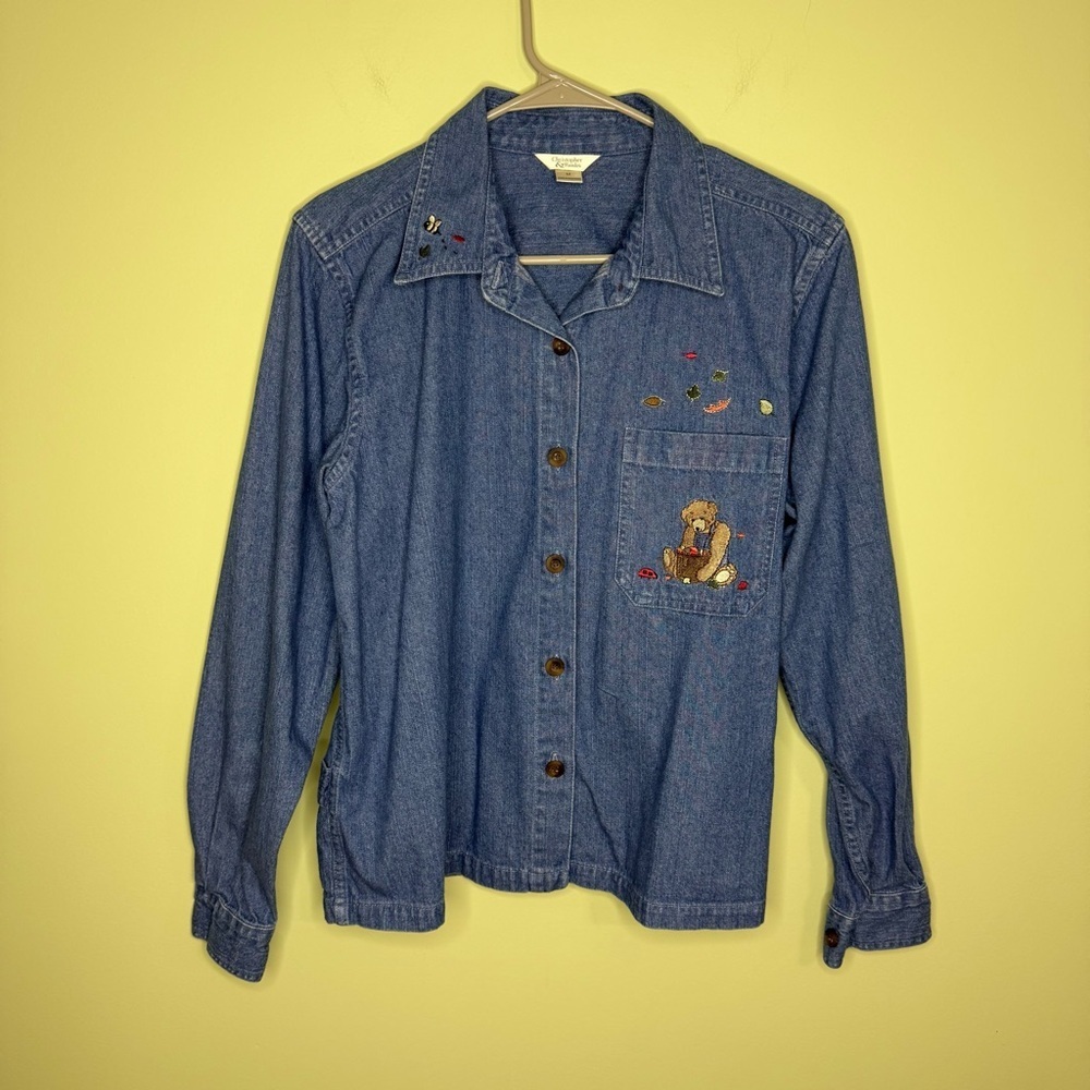 Vintage‎ 2003 Christopher & Banks Jean denim shirt embroidery Bear fall woman M
